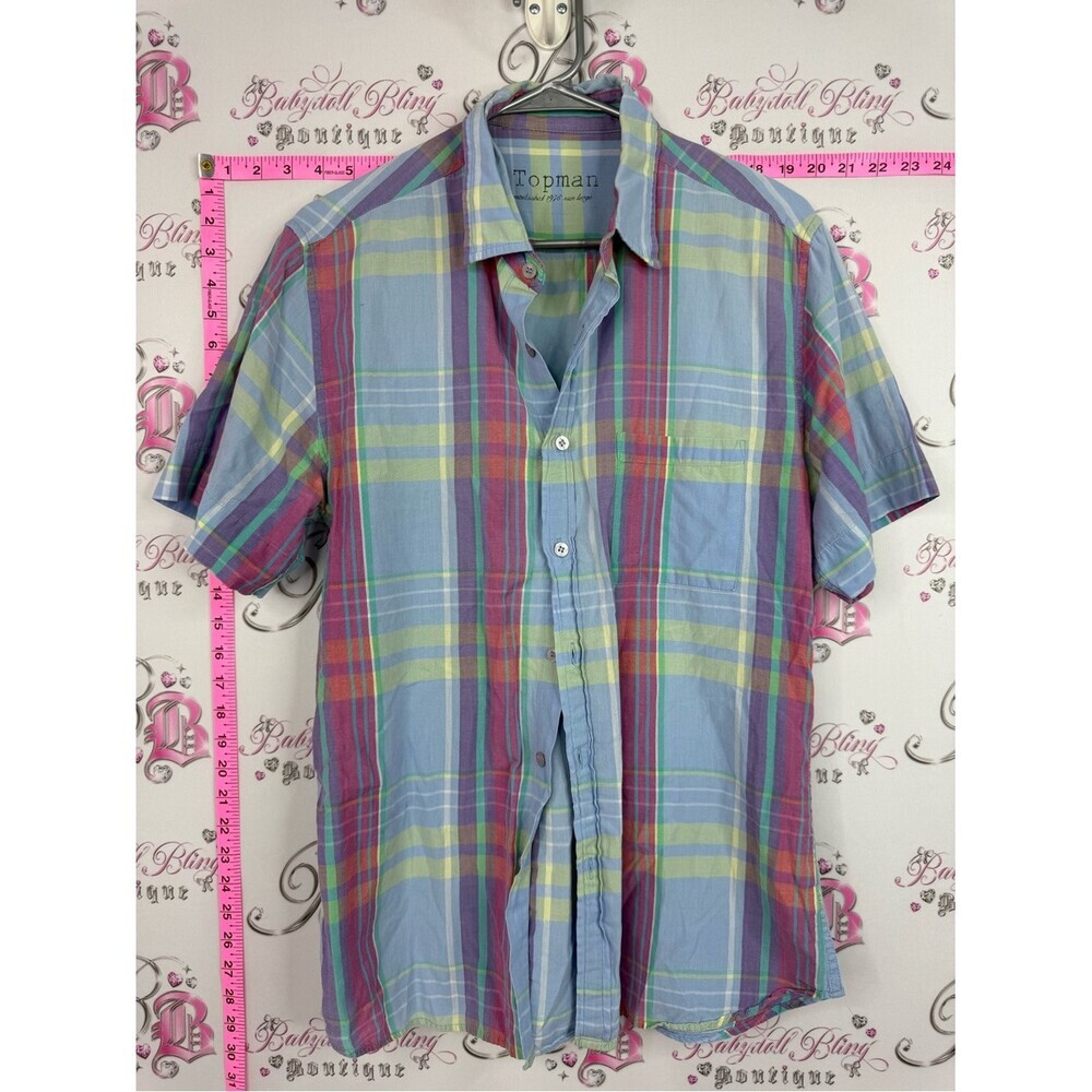 Topman Pastel Blue Plaid Short Sleeve Button-Up Shirt